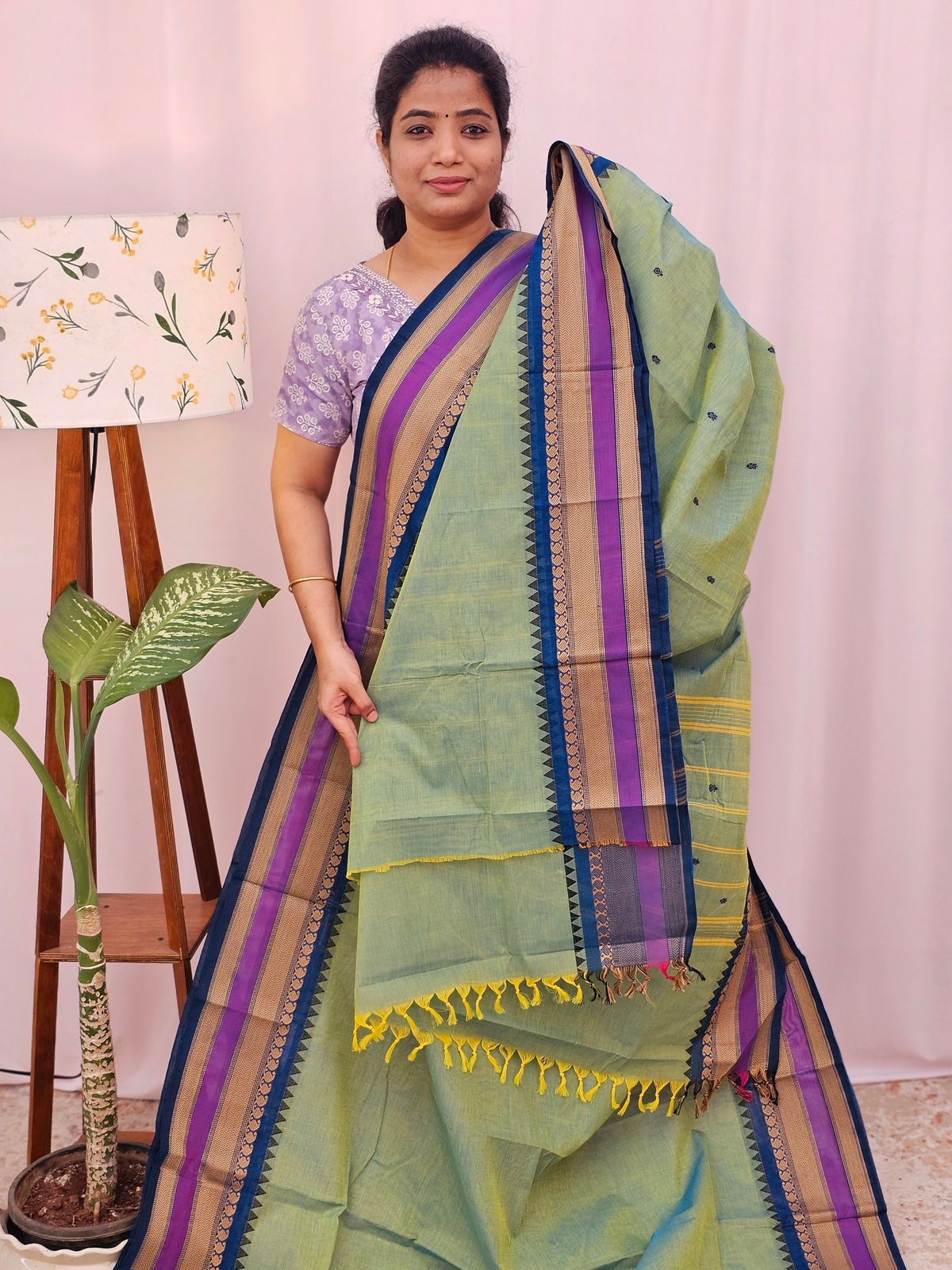 Kanchi Cotton Saree - Green with Peacock Blue