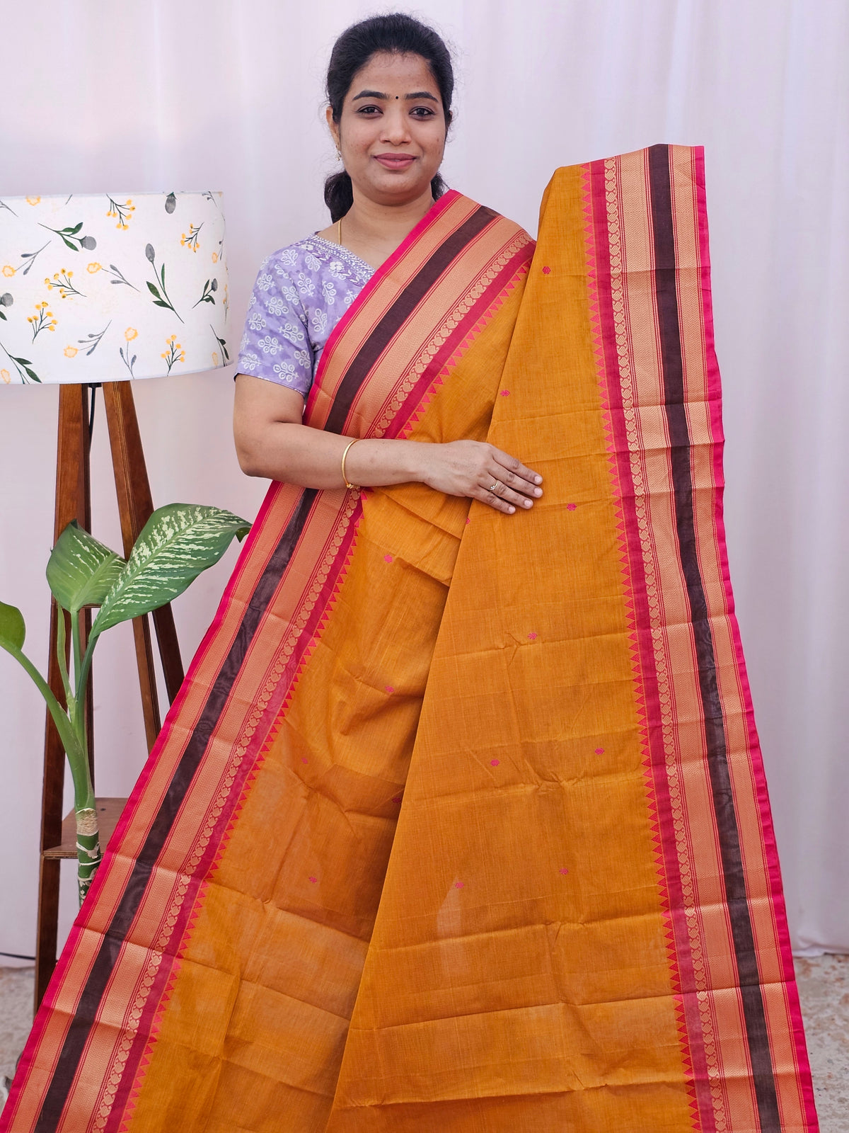 Kanchi Cotton Saree - Orange with Pink