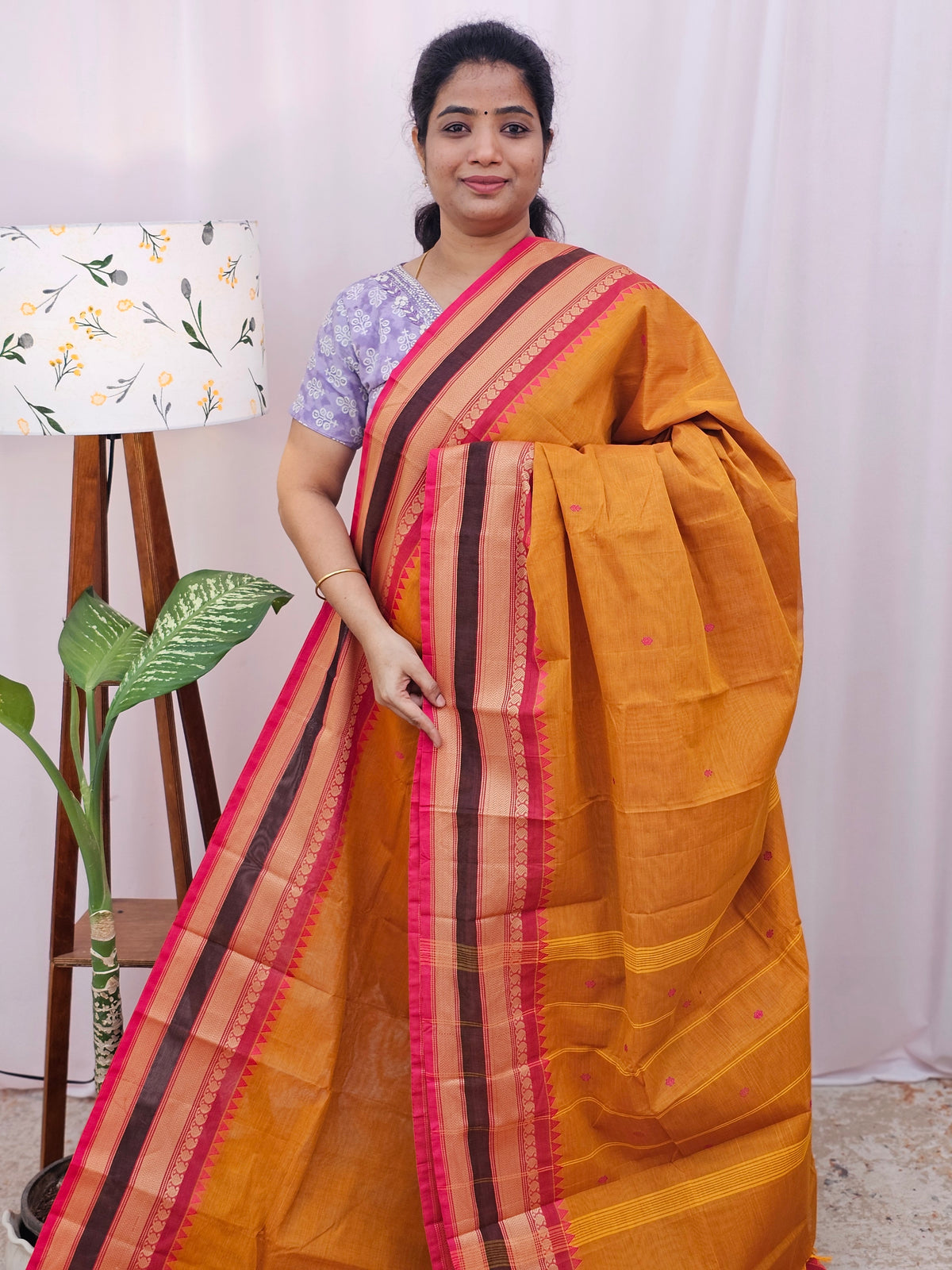 Kanchi Cotton Saree - Orange with Pink