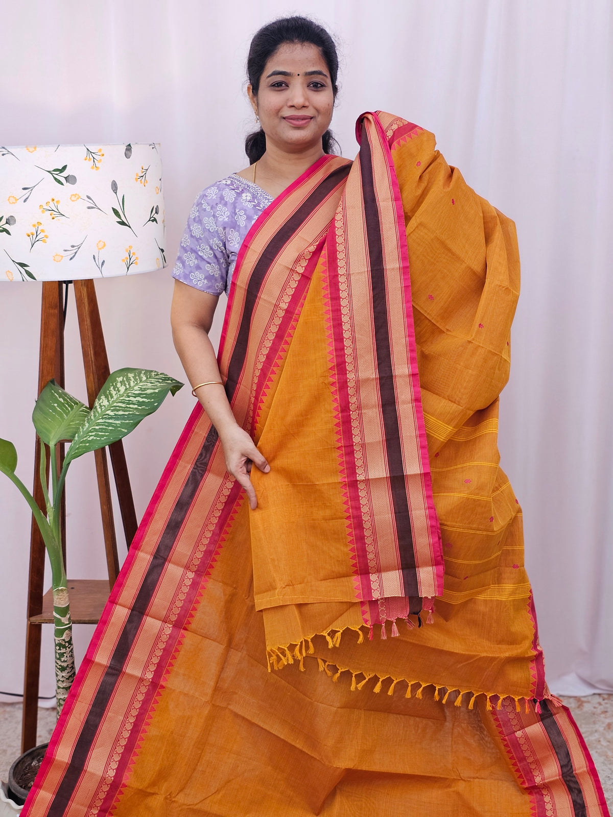 Kanchi Cotton Saree - Orange with Pink