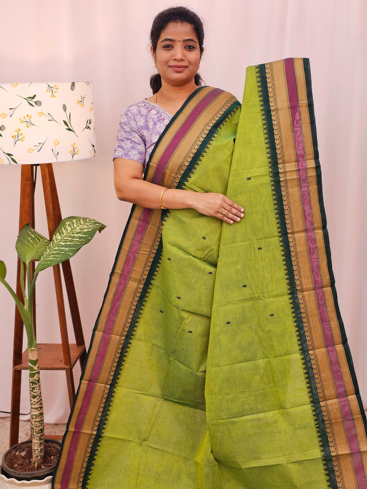 Kanchi Cotton Saree - Green with Peacock Green