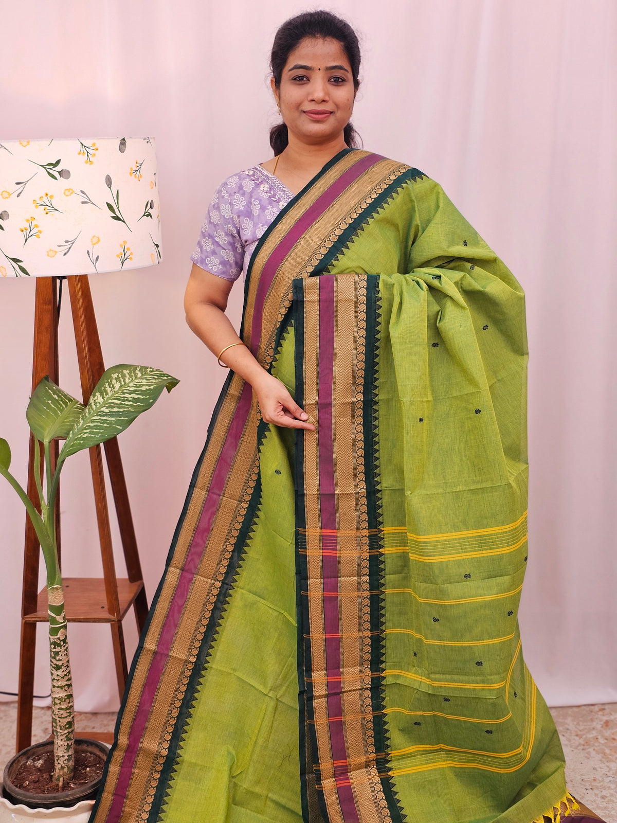 Kanchi Cotton Saree - Green with Peacock Green