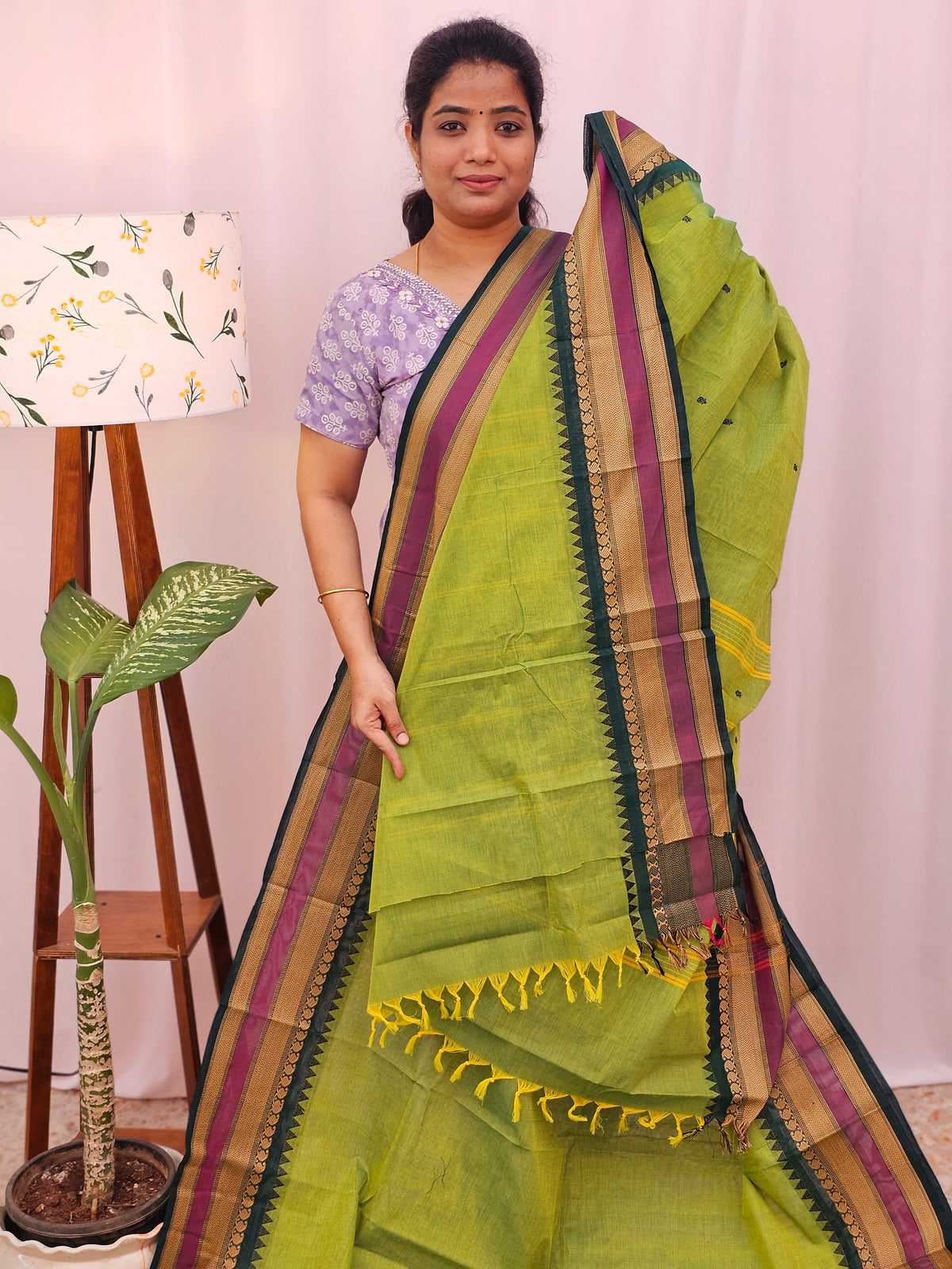 Kanchi Cotton Saree - Green with Peacock Green
