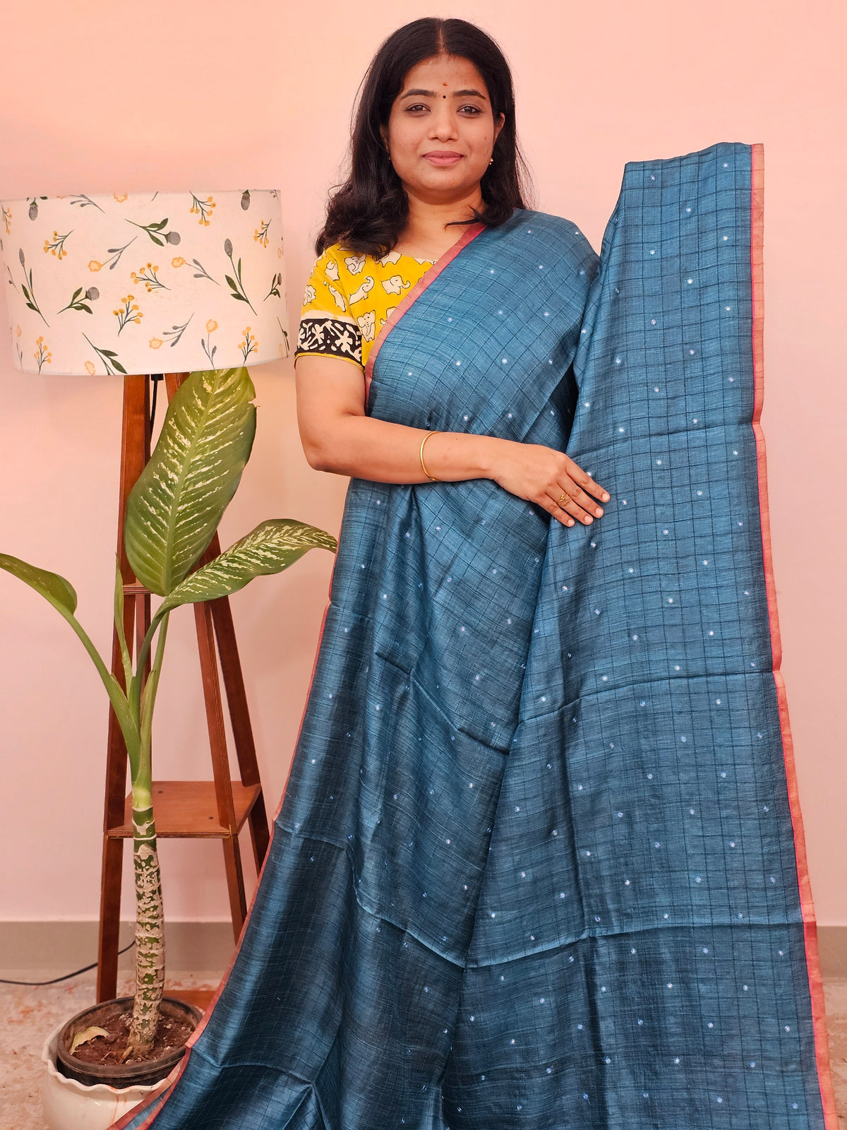 Pure Desi Tussar with Mica Work and Kalamkari Prints  - Peacock Blue with Pink