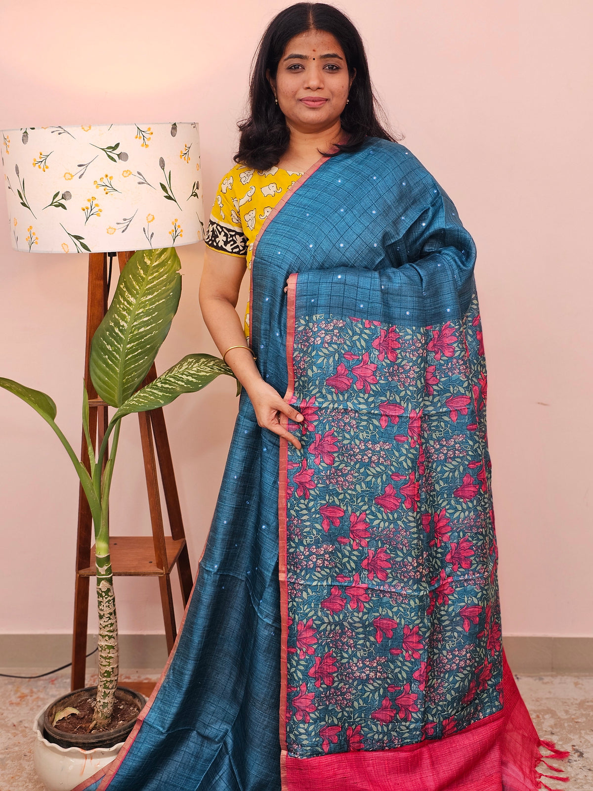 Pure Desi Tussar with Mica Work and Kalamkari Prints  - Peacock Blue with Pink