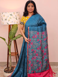 Pure Desi Tussar with Mica Work and Kalamkari Prints  - Peacock Blue with Pink