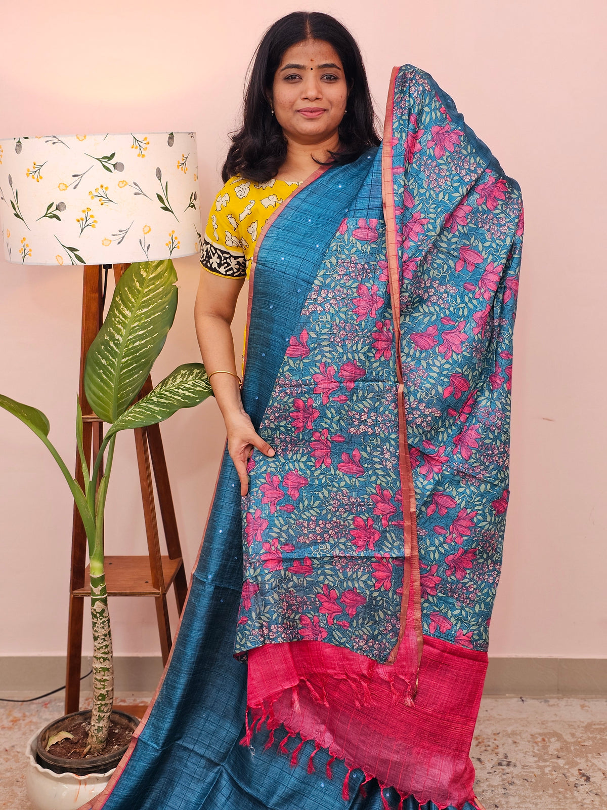 Pure Desi Tussar with Mica Work and Kalamkari Prints  - Peacock Blue with Pink