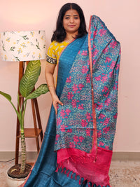Pure Desi Tussar with Mica Work and Kalamkari Prints  - Peacock Blue with Pink