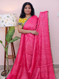 Pure Desi Tussar with Mica Work and Kalamkari Prints  - Pink with Green