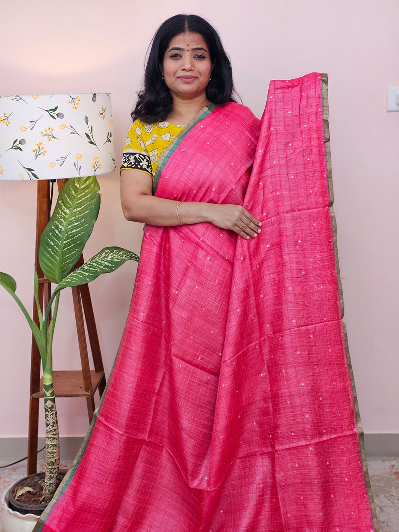 Pure Desi Tussar with Mica Work and Kalamkari Prints  - Pink with Green