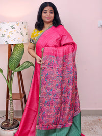 Pure Desi Tussar with Mica Work and Kalamkari Prints  - Pink with Green