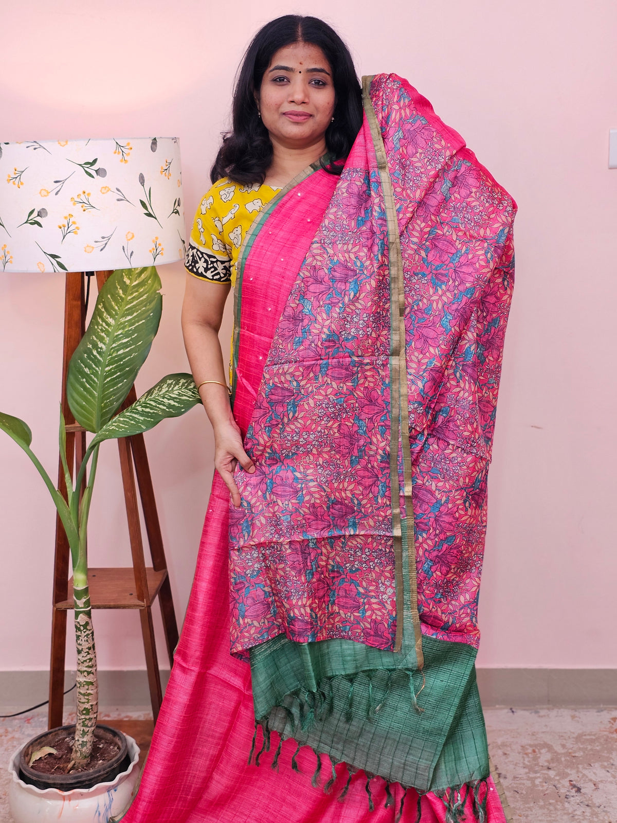 Pure Desi Tussar with Mica Work and Kalamkari Prints  - Pink with Green