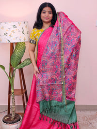 Pure Desi Tussar with Mica Work and Kalamkari Prints  - Pink with Green