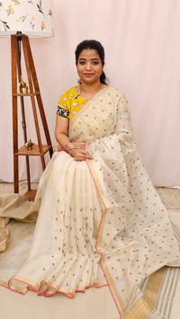 Chanderi Silk with Premium Emboridery Saree - Cream with  Pink