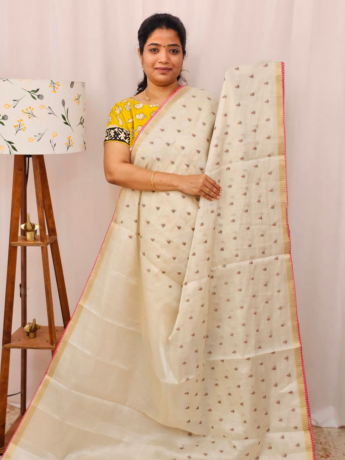 Chanderi Silk with Premium Emboridery Saree - Cream with  Pink