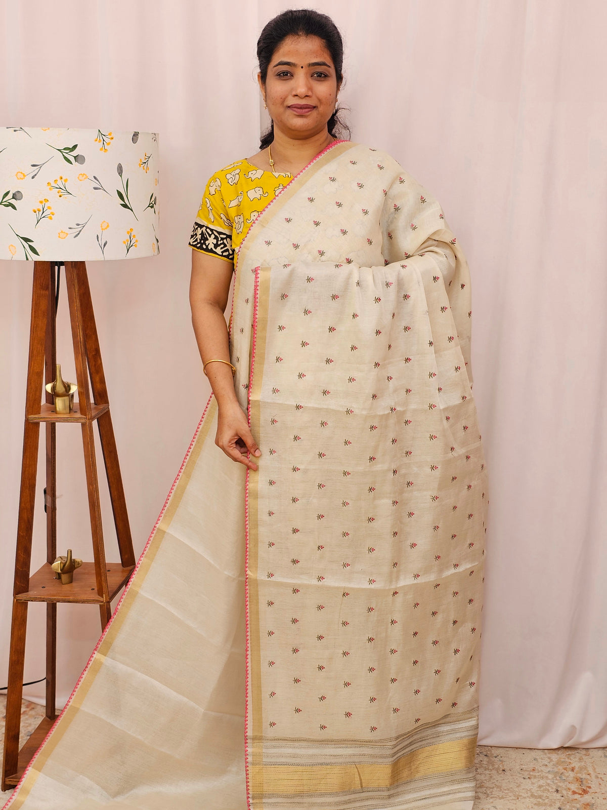 Chanderi Silk with Premium Emboridery Saree - Cream with  Pink