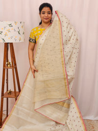 Chanderi Silk with Premium Emboridery Saree - Cream with  Pink