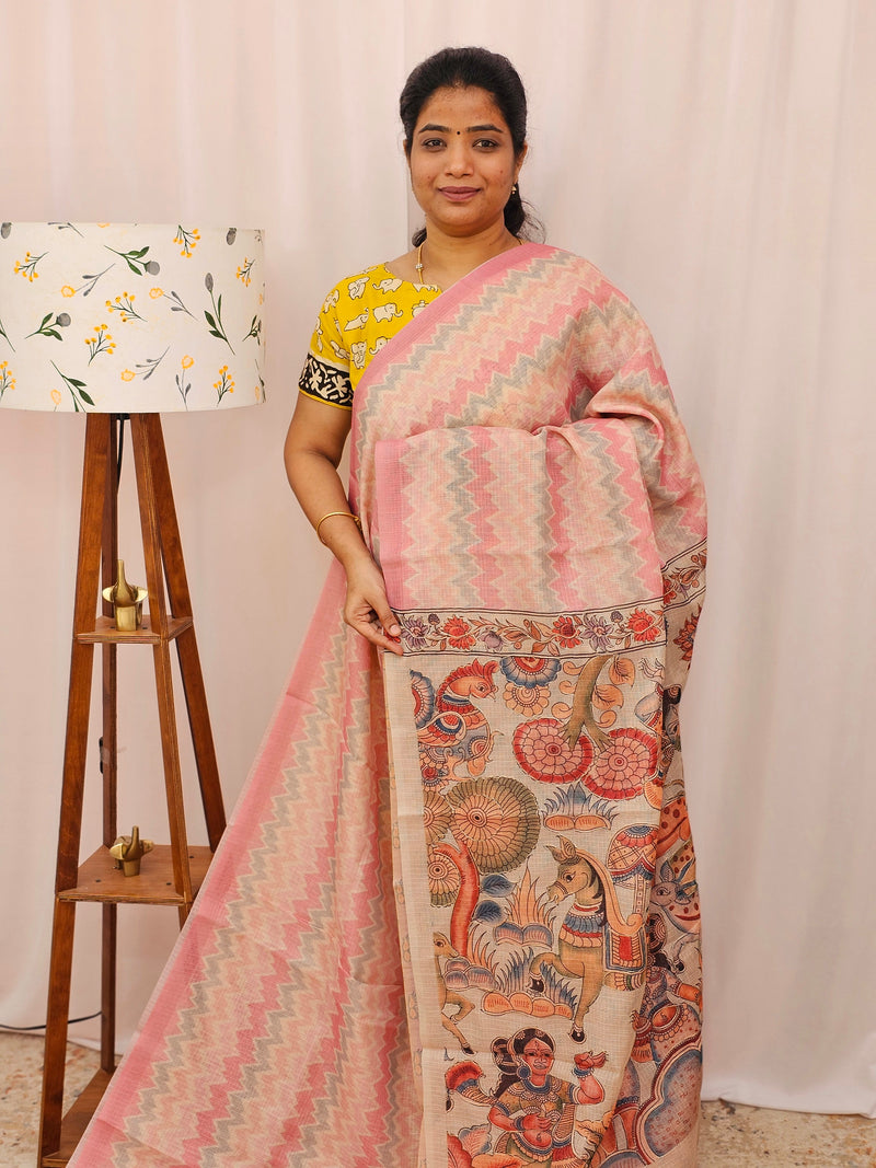Premium Semi Kota Tussar with Zig Zag Digital Prints (Aari Work) Saree - Pink