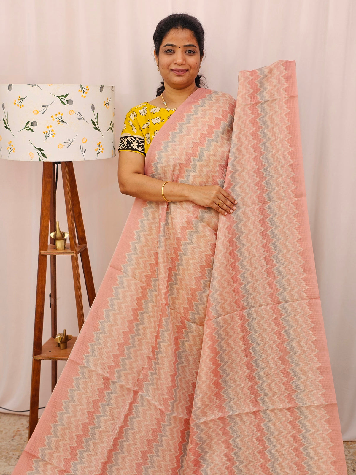 Premium Semi Kota Tussar with Zig Zag Digital Prints (Aari Work) Saree - Peach