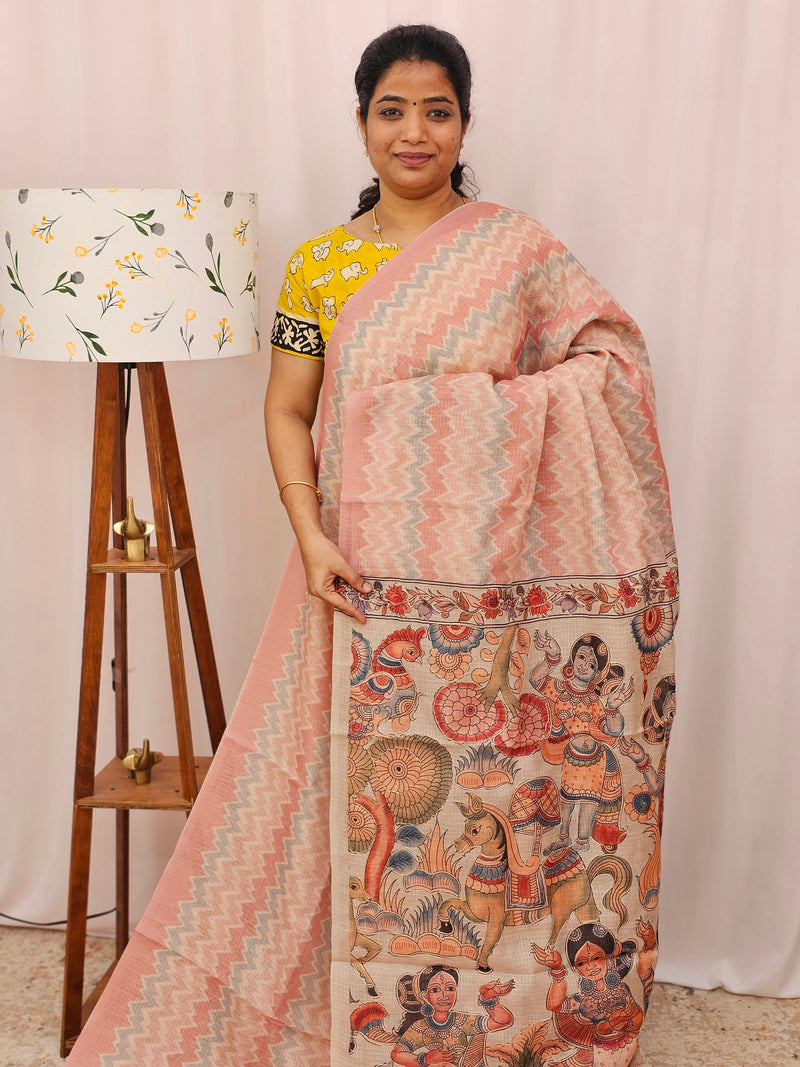 Premium Semi Kota Tussar with Zig Zag Digital Prints (Aari Work) Saree - Peach
