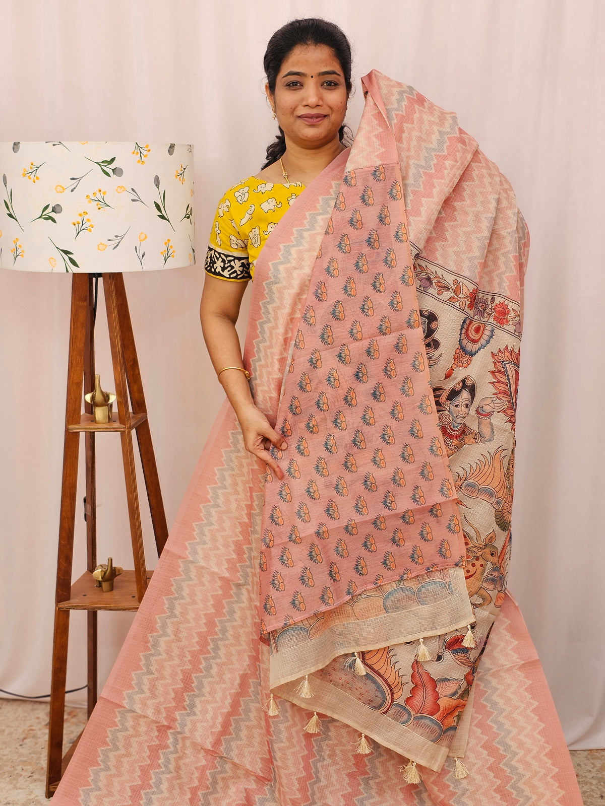 Premium Semi Kota Tussar with Zig Zag Digital Prints (Aari Work) Saree - Peach