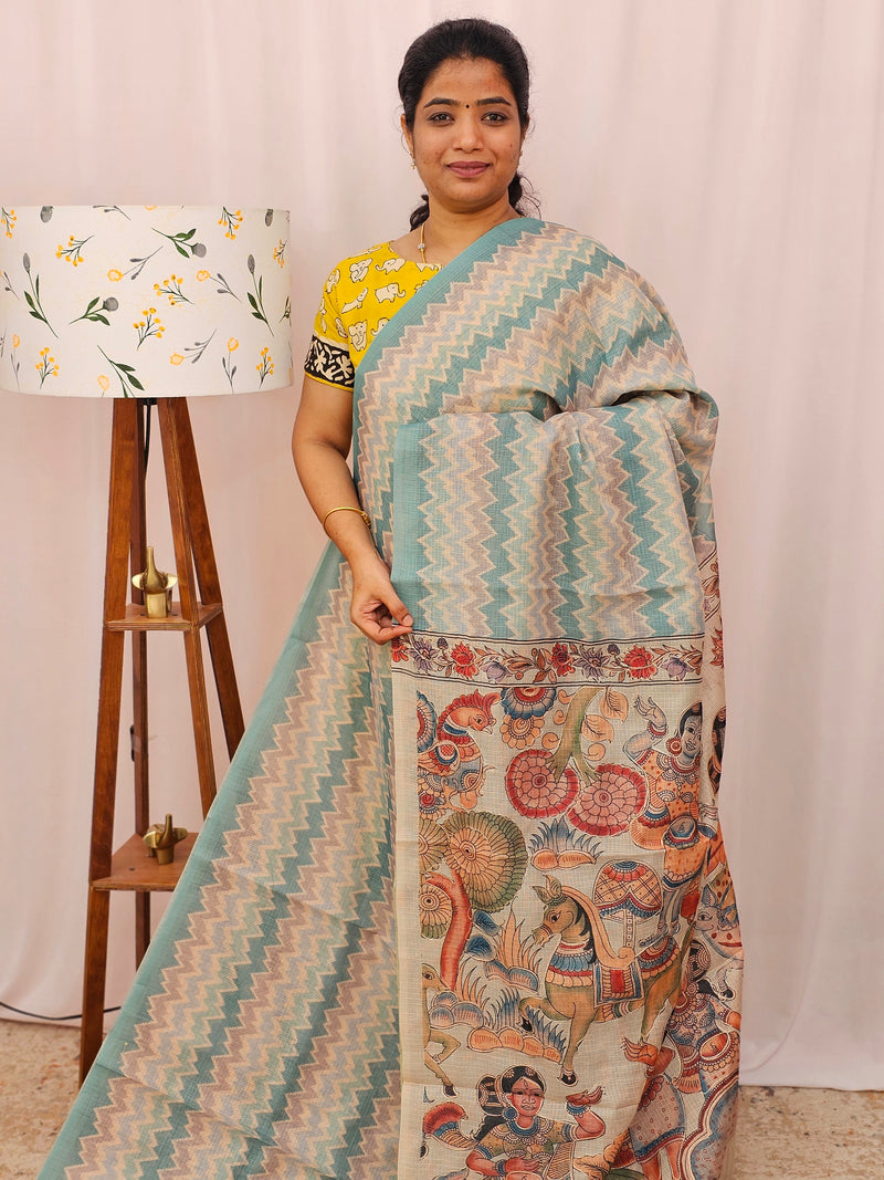 Premium Semi Kota Tussar with Zig Zag Digital Prints (Aari Work) Saree - Blue