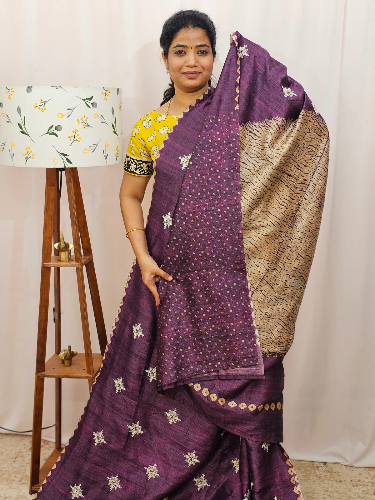 Premium Semi Tussar Bandhini Prints with  Beautiful Emboridery Saree - Wine
