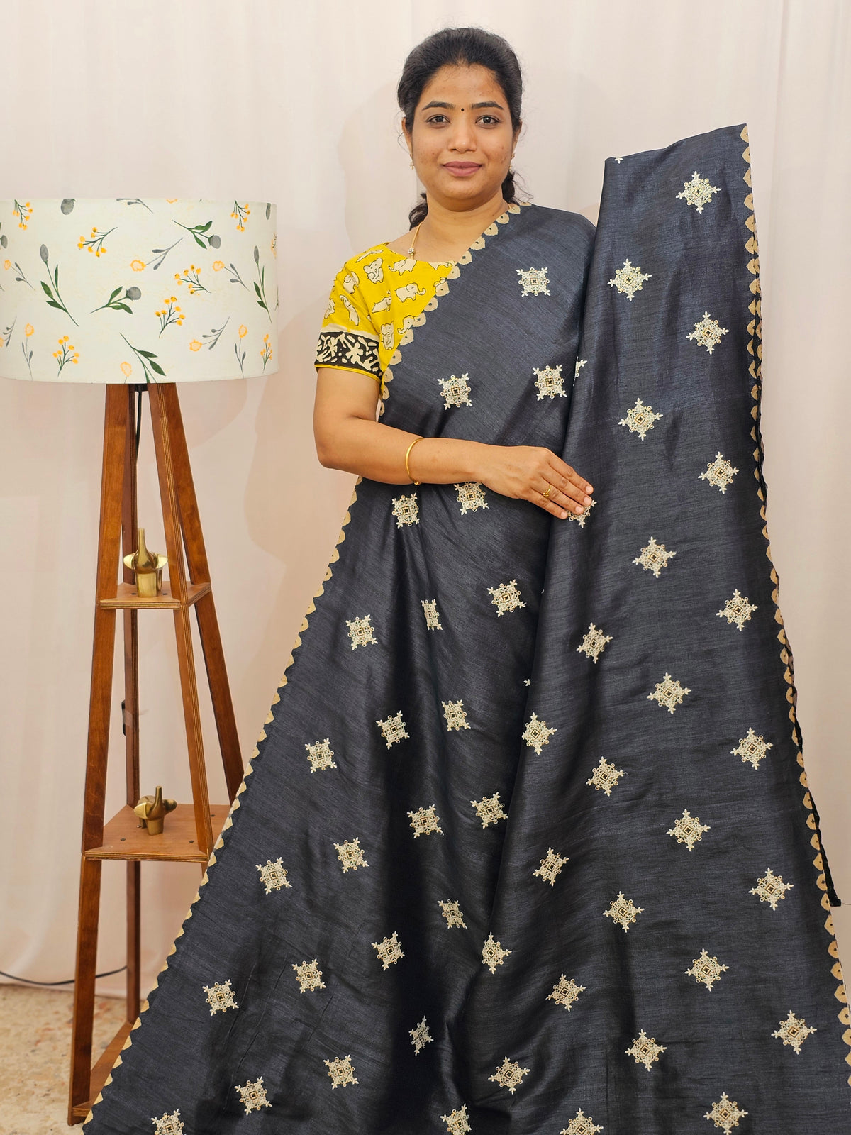 Premium Semi Tussar Bandhini Prints with  Beautiful Emboridery Saree - Black