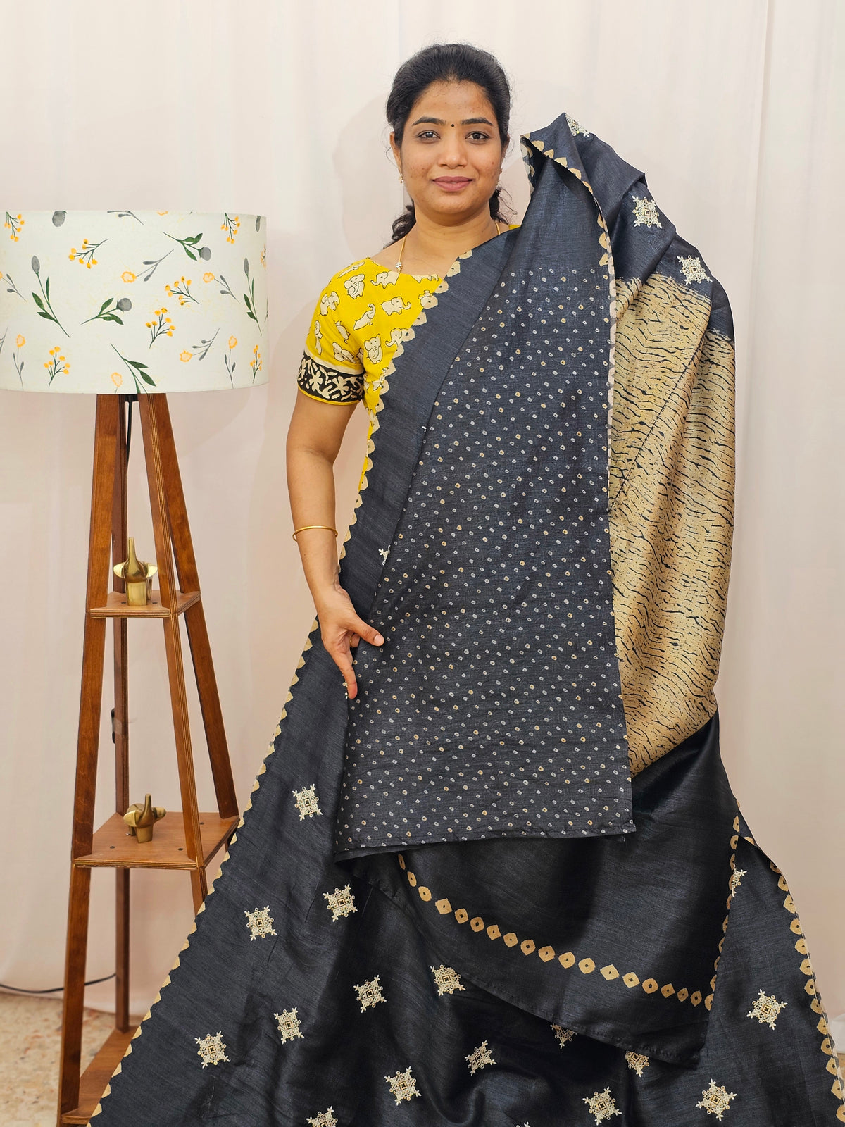 Premium Semi Tussar Bandhini Prints with  Beautiful Emboridery Saree - Black