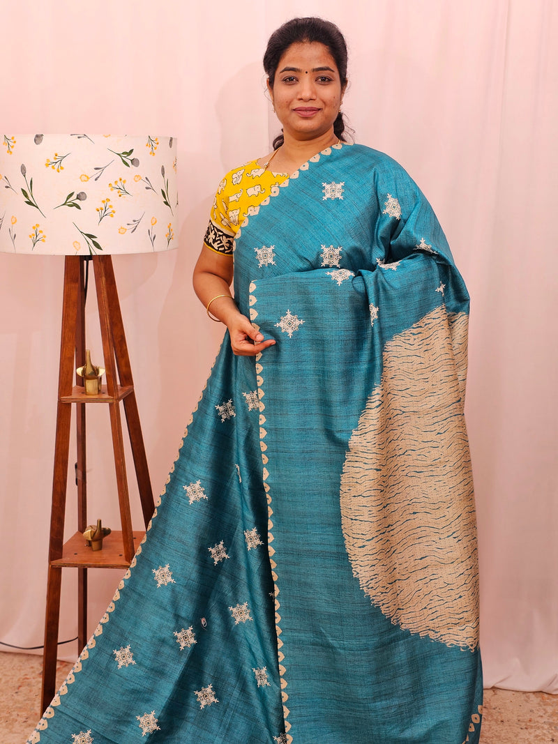 Premium Semi Tussar Bandhini Prints with  Beautiful Emboridery Saree - Blue
