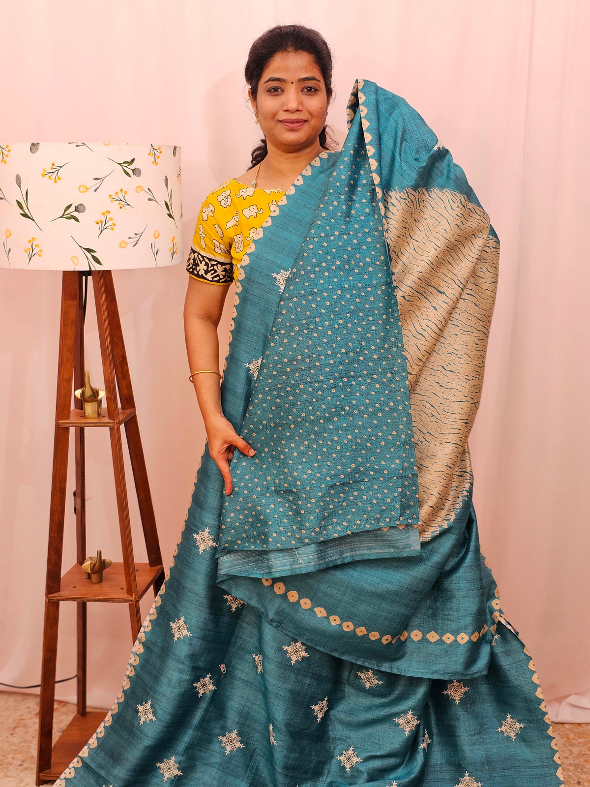 Premium Semi Tussar Bandhini Prints with  Beautiful Emboridery Saree - Blue