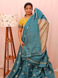 Premium Semi Tussar Bandhini Prints with  Beautiful Emboridery Saree - Blue
