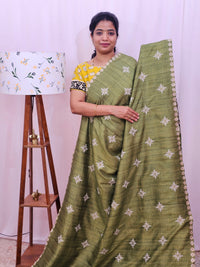 Premium Semi Tussar Bandhini Prints with  Beautiful Emboridery Saree - Green