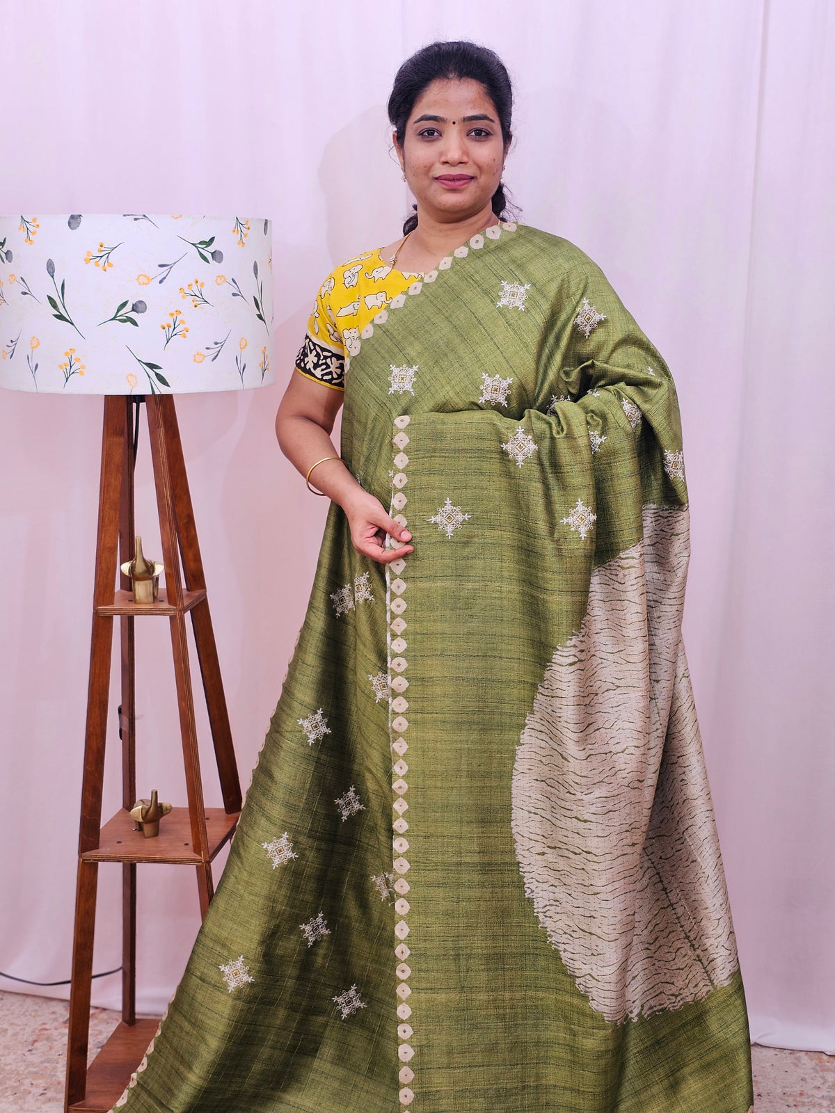 Premium Semi Tussar Bandhini Prints with  Beautiful Emboridery Saree - Green