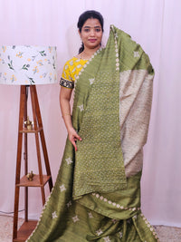Premium Semi Tussar Bandhini Prints with  Beautiful Emboridery Saree - Green