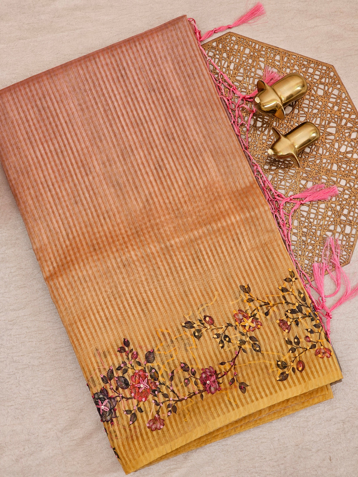 Premium Semi Tussar  with Thread Knot Work Saree - Dark Onion Pink with Yellow