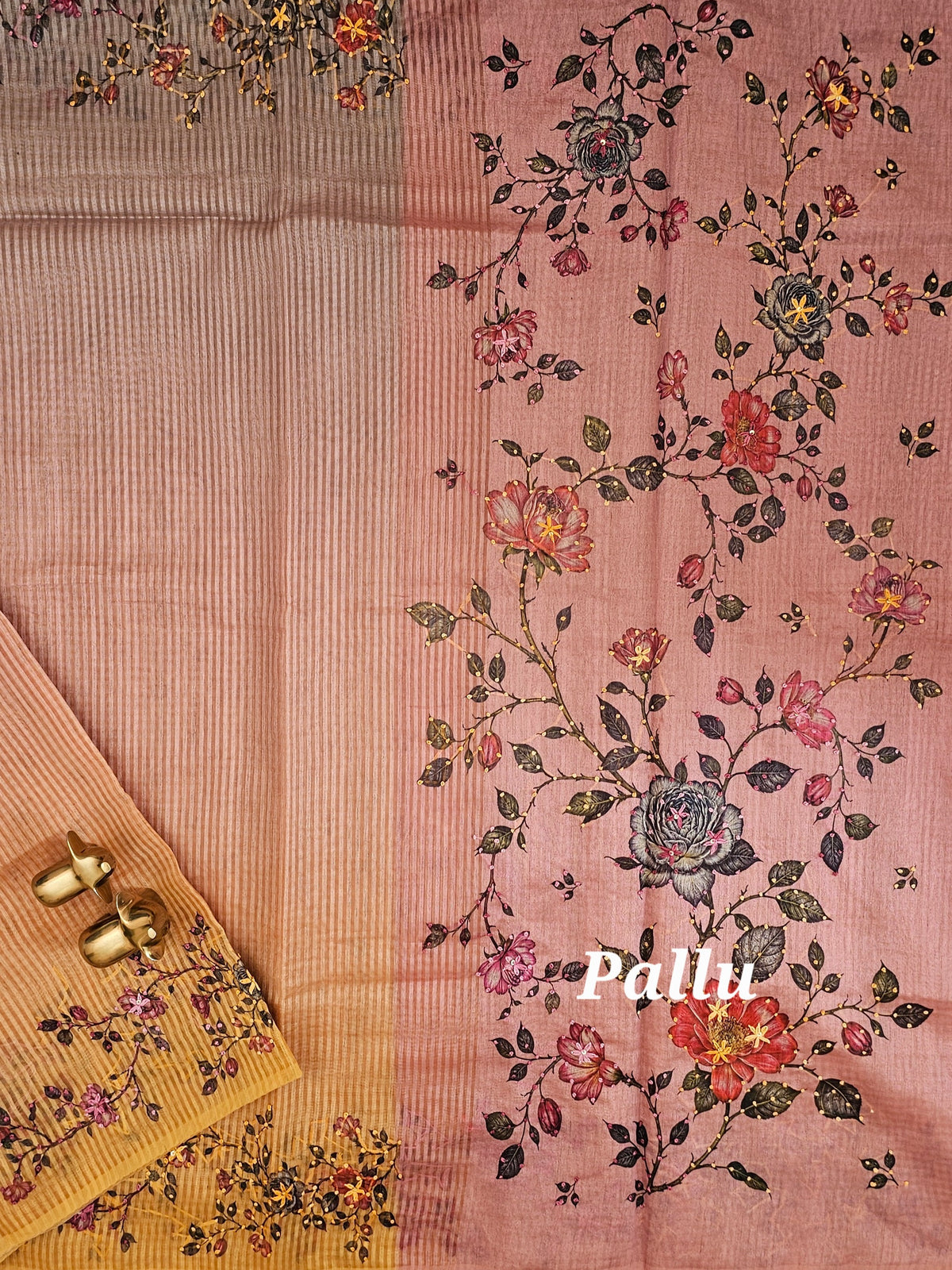 Premium Semi Tussar  with Thread Knot Work Saree - Dark Onion Pink with Yellow