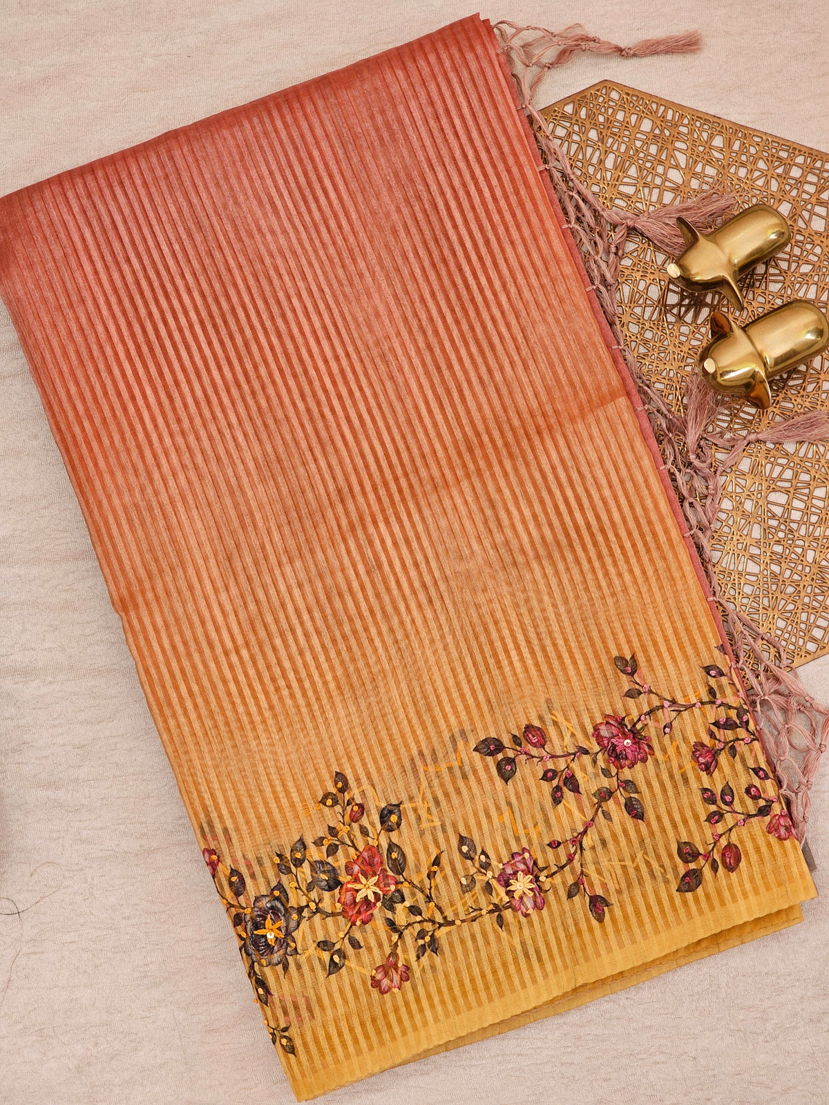 Premium Semi Tussar  with Thread Knot Work Saree - Peach with Yellow