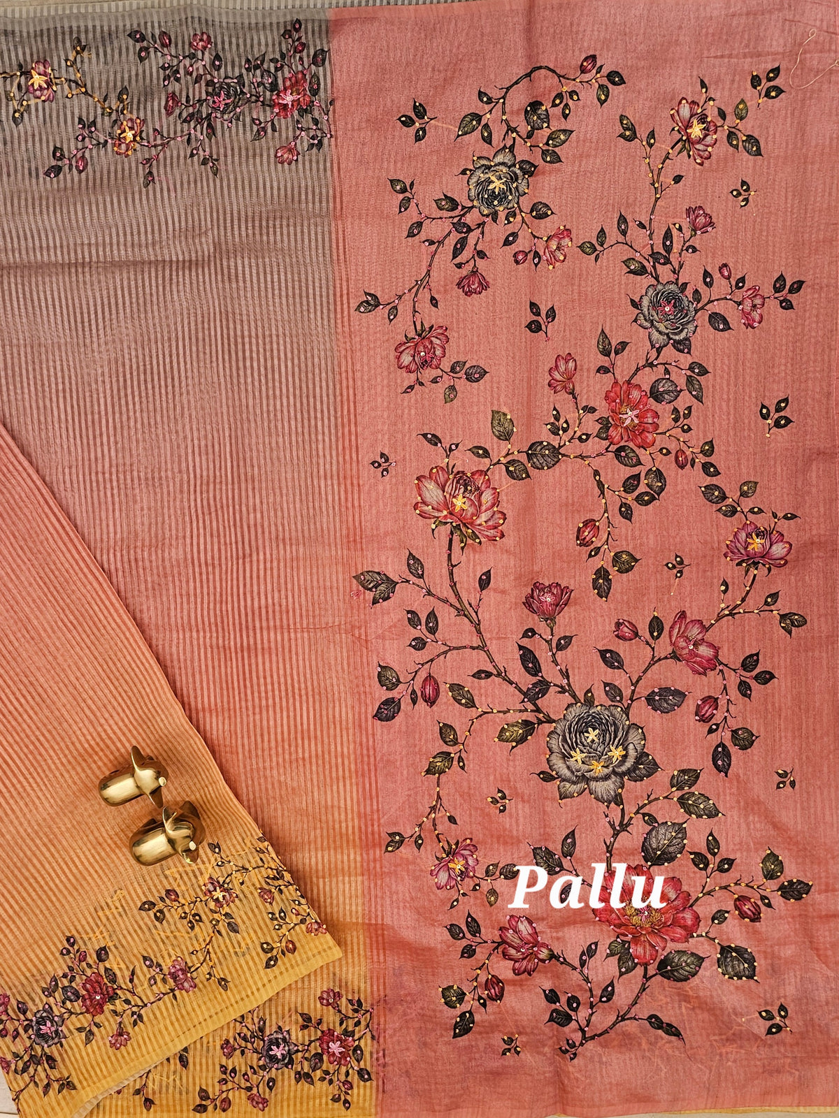 Premium Semi Tussar  with Thread Knot Work Saree - Peach with Yellow