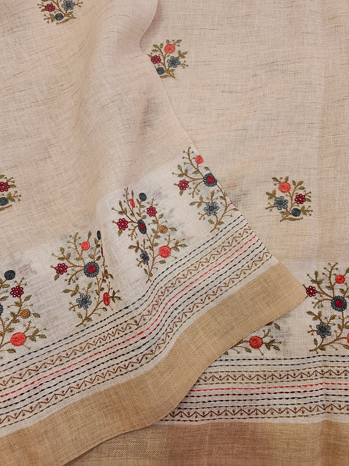 Linen Tissue with Embroidery Work - Tussar Shade with Blue and Peach