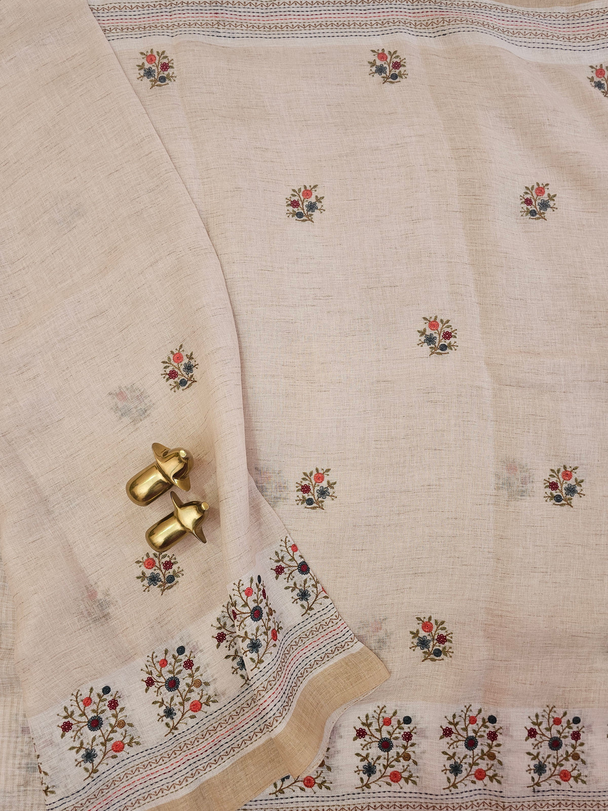 Linen Tissue with Embroidery Work - Tussar Shade with Blue and Peach