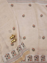 Linen Tissue with Embroidery Work - Tussar Shade with Blue and Peach