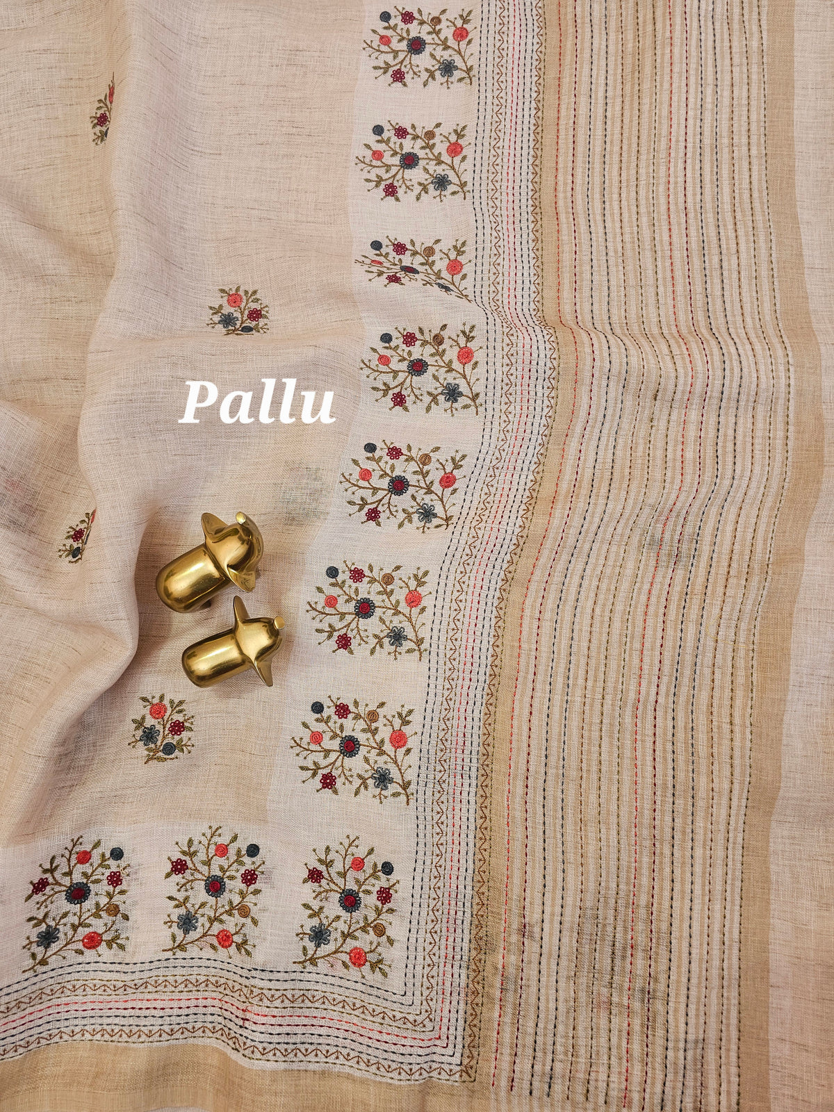 Linen Tissue with Embroidery Work - Tussar Shade with Blue and Peach