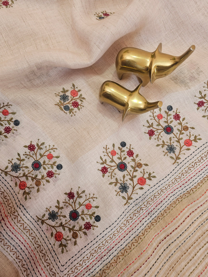 Linen Tissue with Embroidery Work - Tussar Shade with Blue and Peach