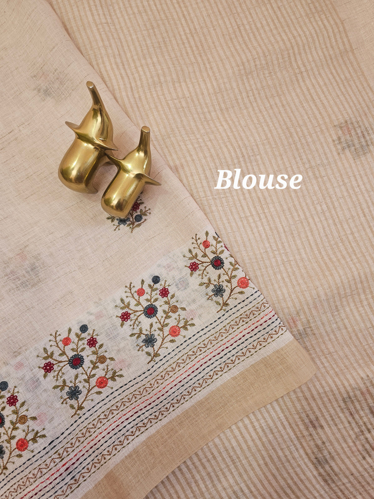 Linen Tissue with Embroidery Work - Tussar Shade with Blue and Peach