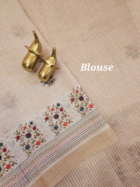 Linen Tissue with Embroidery Work - Tussar Shade with Blue and Peach