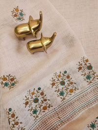 Linen Tissue with Embroidery Work - Tussar Shade with Mustard with Peacock Green
