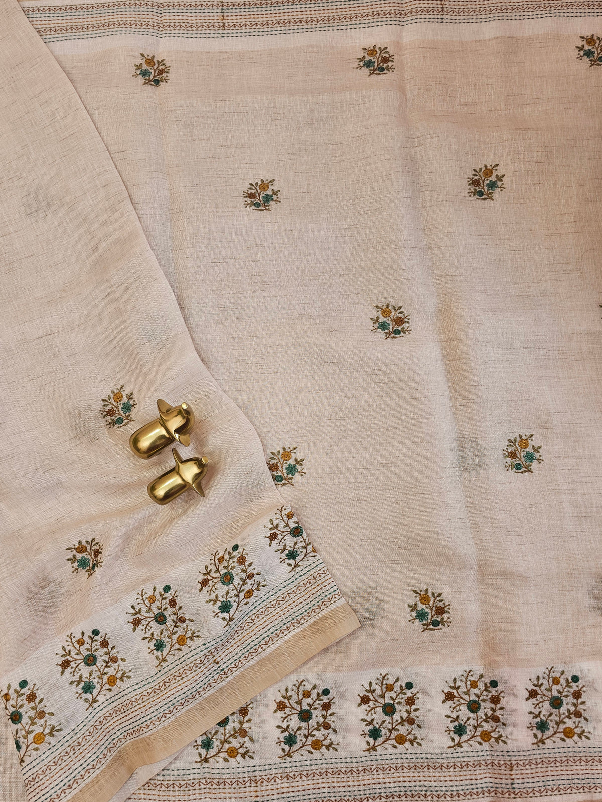 Linen Tissue with Embroidery Work - Tussar Shade with Mustard with Peacock Green
