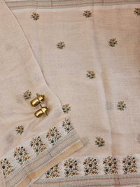 Linen Tissue with Embroidery Work - Tussar Shade with Mustard with Peacock Green