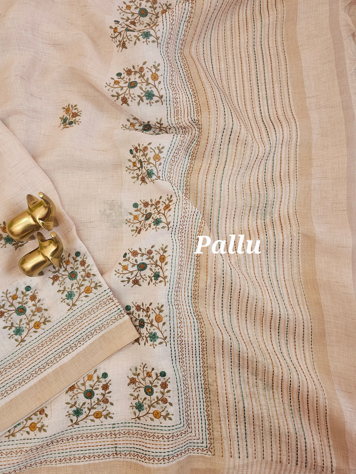 Linen Tissue with Embroidery Work - Tussar Shade with Mustard with Peacock Green